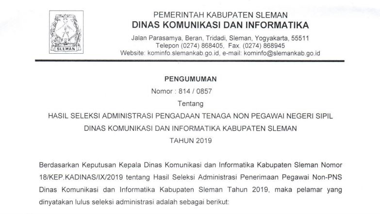 HASIL SELEKSI ADMINISTRASI PENERIMAAN PEGAWAI NON-PNS DINAS KOMINFO TAHUN 2019